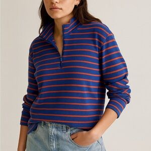 L.L. Bean Blue and Bold Peach Pink Striped Quarter Zip  Pullover Sweater Small